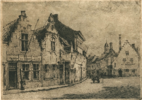 Belgische etser R. Malfliet met een ets van Lokeren