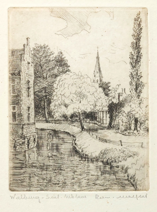 Belgische etser R. Malfliet met een stadsgezicht op Waldburg