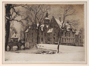 Belgische etser R. Malfliet met een ets Walburg