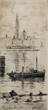 Romain Malfliet met een ets van boten in Antwerpen