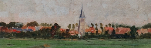 Romain Malfliet met een groot schilderij van een landschap