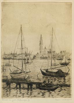 Belgische etser R. Malfliet met een Antwerpse ets