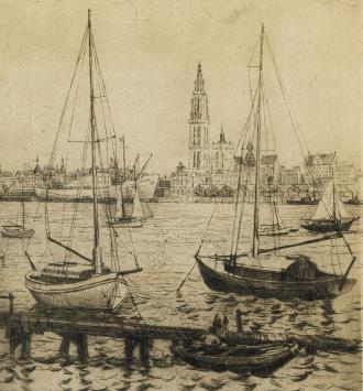 Romain Malfliet met een ets van de Schelde te Antwerpen