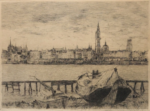 Romain Malfliet met een ets van zicht op Antwerpen