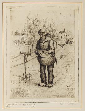 Belgische etser R. Malfliet met een ets van een ambacht