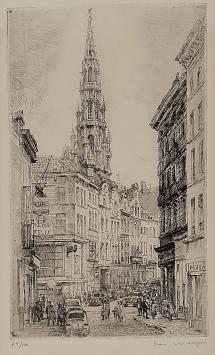 Belgische etser R. Malfliet met een ets van Antwerpen