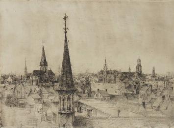 Romain Malfliet met een ets van zicht op daken Sint Niklaas