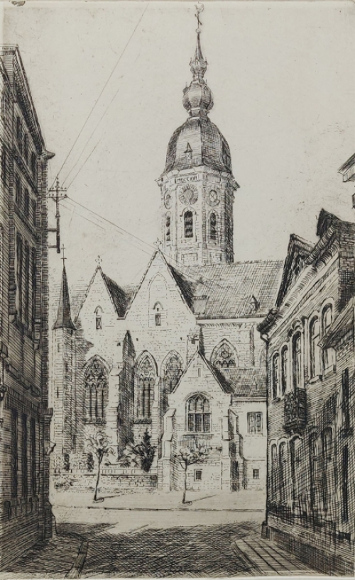 Romain Malfliet met een ets van Zoutstraat te Temse