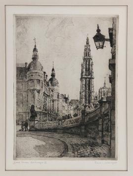 Belgische etser R. Malfliet met een ets van Antwerpen