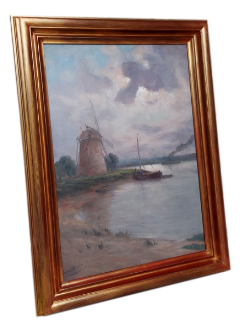 Schilderij van een molen aan het water