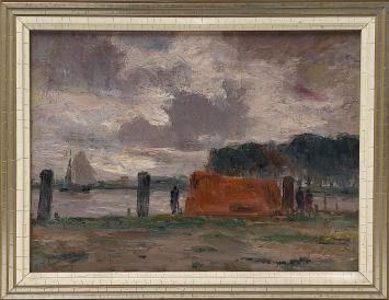 Romain Steppe met een schilderij van de kaai te Sint Amands