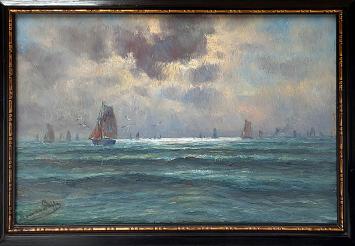 Romain Steppe met een schilderij op paneel