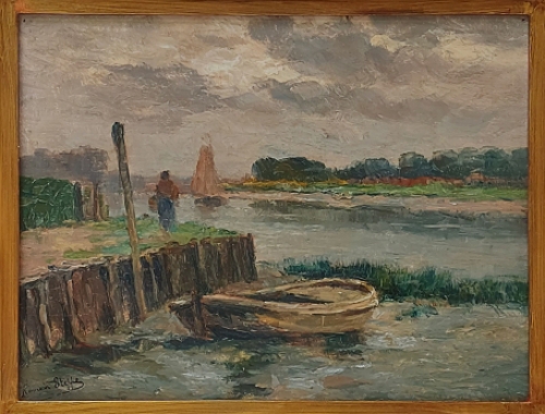 Romain Steppe met een schilderij op mahonie paneel