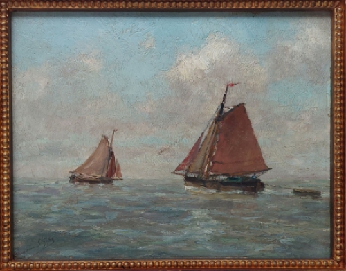 Romain Steppe met een schilderij op mahonie paneel