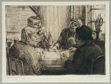 Belgische etser R. Malfliet met een ets van kaartspelers