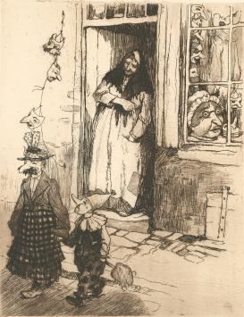 Roméo Dumoulin met een ets van een verkoopster van maskers