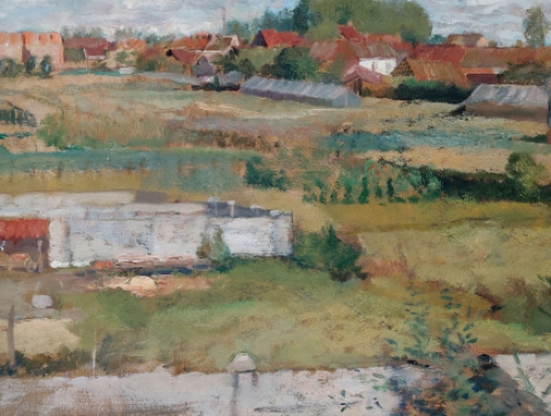 Romain Malfliet met een schilderij van zijn achtertuin