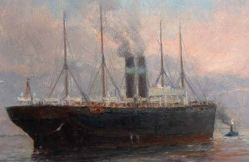 Een stoomschip met een sleepboot