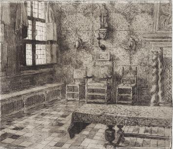 Romain Malfliet met een ets van Brouwershuis