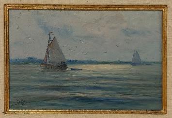 Romain Steppe met een schilderij op paneel