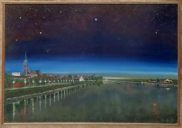 Olieverfschilderij van de Boomse kerk vanaf de Rupel gezien