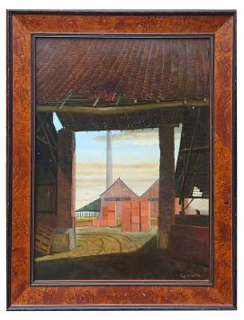 Rudi De Vos met een schilderij op bord geschilderd