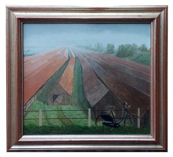 Rudi De Vos met een schilderij op bord geschilderd