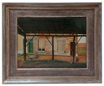 Rudi De Vos met een schilderij op bord geschilderd