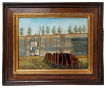 Rudi De Vos met een schilderij op bord geschilderd