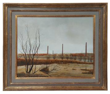 Rudi De Vos met een schilderij op bord geschilderd