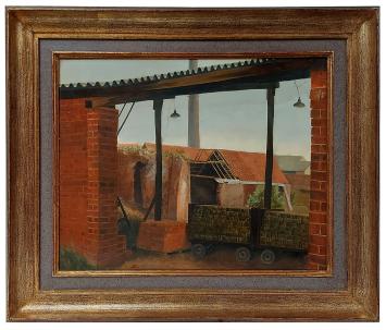 Rudi De Vos met een schilderij op bord geschilderd