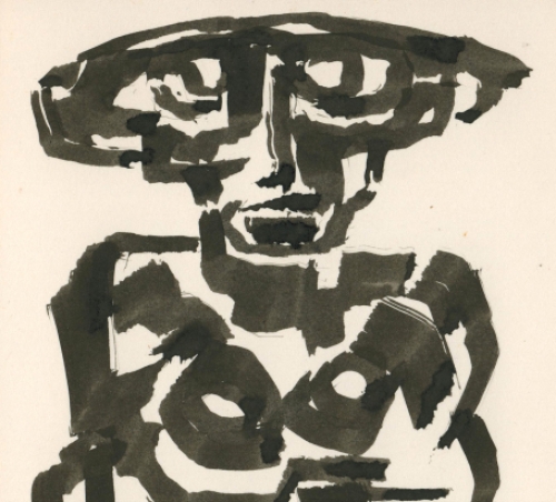 Rudi Pillen met een gouache van een gestileerde Afrikaanse dame