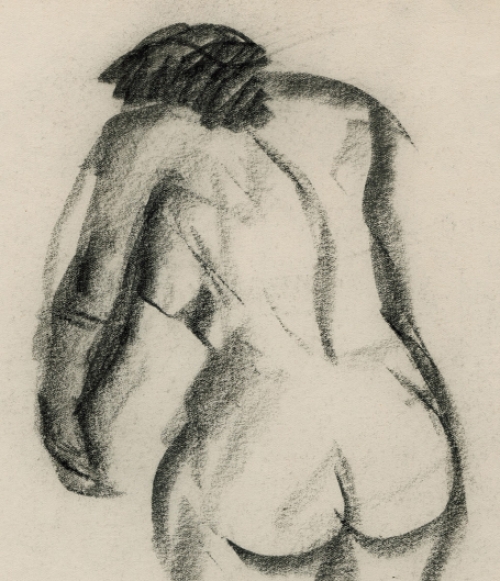 Rudi Pillen met een tekening van een naakte vrouw