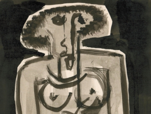 Rudi Pillen met een gouache van een gestileerde Afrikaanse dame