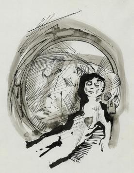 Rudi Pillen met een tekening uit 1965