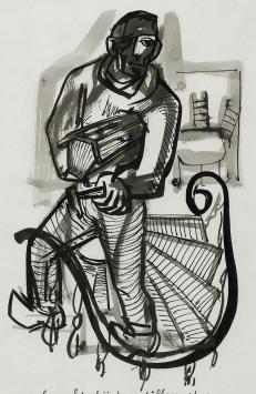 Rudi Pillen met een tekening uit 1965