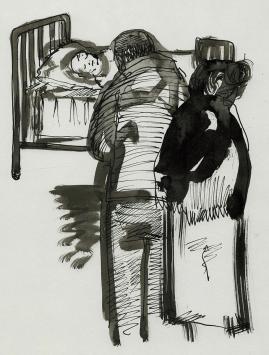 Rudi Pillen met een tekening uit 1965