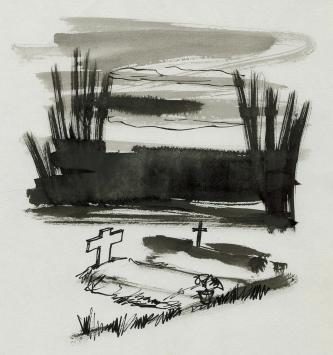 Rudi Pillen met een tekening uit 1965