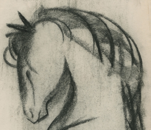 Rudi Pillen met een tekening van een paardenhoofd
