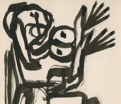 Rudi Pillen met een gouache van een gestileerde moeder met kind