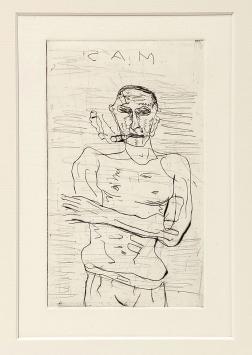 Droge naald, zelfportret SAM par Sam Dillemans, pointe sèche signée dans la plaque, encadrée.