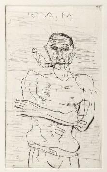 Droge naald, zelfportret SAM by Sam Dillemans, drypoint etching signed in the plate, framed.