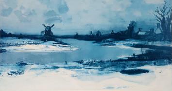 De Belgische kunstenaar Albert Saverys met een grafisch kunstwerk