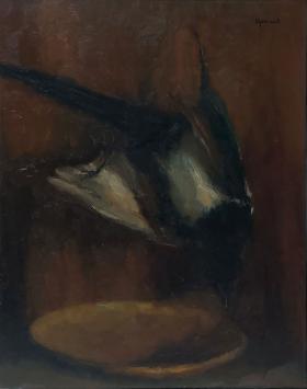 Victor Dooms met een schilderij, dode ekster