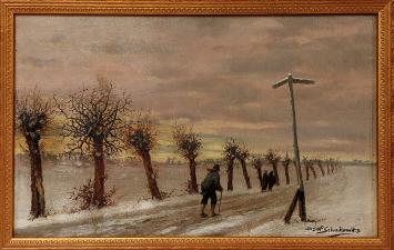 Josef Schakewits met een olieverfschilderij