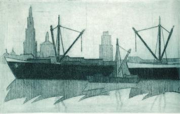 De Belgische etser Léon Smets met een grafisch kunstwerkje