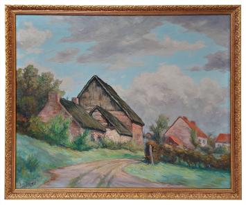 Peinture de Victor Dieu représentant une ferme au toit de chaume près de Gottignies, sous un ciel nuageux, avec chemin de ter
