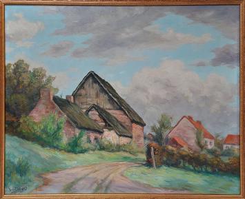 Olieverfschilderij van Victor Dieu uit 1938 met een hoeve met rieten dak langs een landweg in Gottignies, onder een bewolkte 