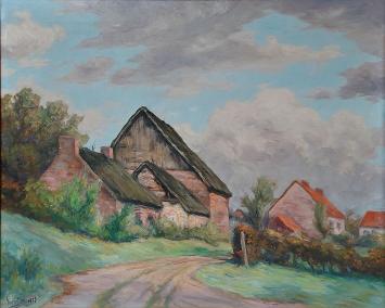 Painting by Victor Dieu showing a thatched farmhouse near Gottignies under a clouded sky, with a winding dirt road in the for