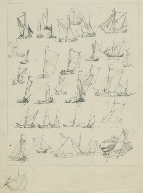 Belgische kunstenaar R. Schönberg met schetsen van bootjes